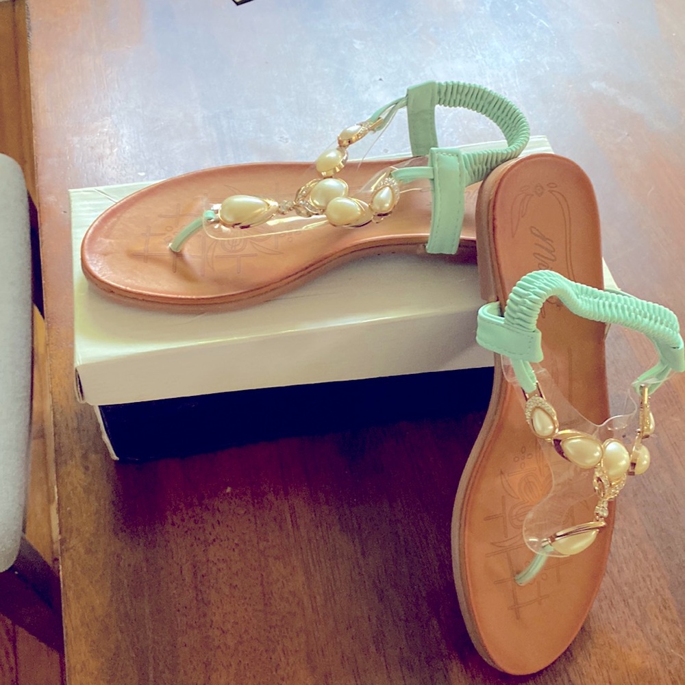 Teal sandals with pearl and diamond accent